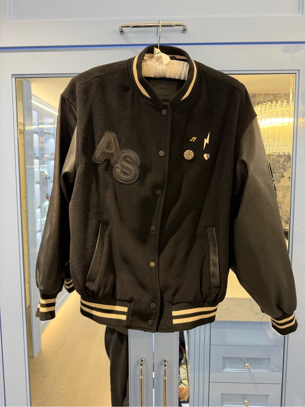 AllSaints Black Varsity Jacket Leather Sleeves Size Small